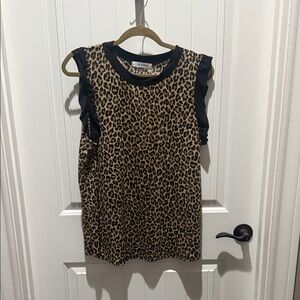 Ces Femme Leopard Print blouse with Black ruffle Trim